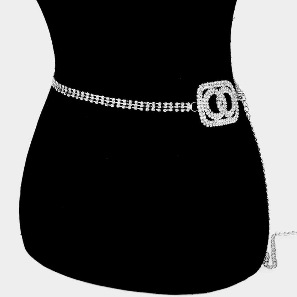 Silver Clear Crystal Double Open Circle Chain Belt - Picture 1 of 2